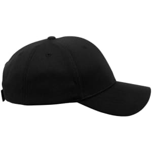 A black structured cap with a curved brim and ventilation holes, featuring a logo on the side.