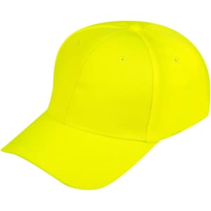 A bright yellow cap with a structured design and a curved brim, featuring a logo on the front.