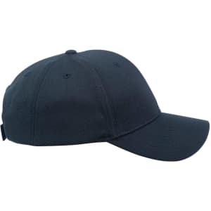 A navy structured cap with a mesh design and a logo on the side.