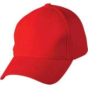 A red structured cap with a mesh design and a logo on the front.