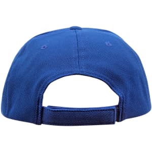 A blue pique mesh structured cap with an adjustable back strap and ventilation holes. It features a logo.