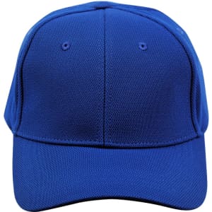 A blue structured cap with mesh panels, featuring a logo on the front. Ideal for casual headwear.