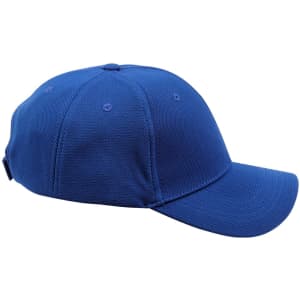 A blue pique mesh structured cap with a curved brim and an adjustable strap at the back, featuring a logo.