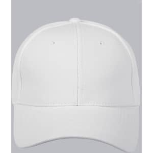 A white structured cap with a mesh design and a logo on the front.