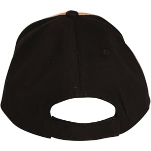 A black cap featuring a two-tone design with an adjustable strap at the back. It includes a logo.