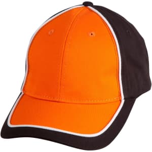 A two-tone cap featuring an orange front and black sides with white piping. It includes a logo on the front.