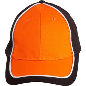 A two-tone cap featuring bright orange and black fabrics, including a contrasting white trim and logo.