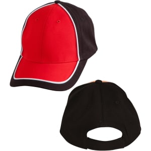 A two-tone cap featuring red and black colours with contrasting trim and a branded logo.