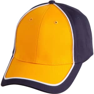 A two-tone cap featuring a bright yellow front and dark navy sides, with contrasting white piping and eyelets.