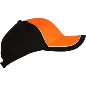 A two-tone cap featuring orange and black panels, with a contrasting trim and an adjustable strap at the back.