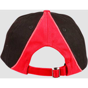 A cap featuring a tri-colour design with black and red panels, and an adjustable strap at the back.