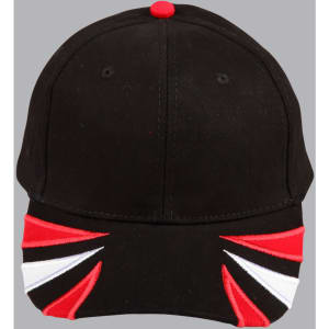 A black cap with tri-colour accents of red, white, and black, featuring a logo on the front.