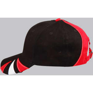 A tri-colour cap featuring black, red, and white panels, with a logo on the front.