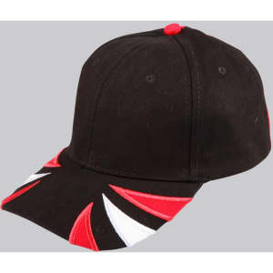 A black cap featuring tri-colour red, white, and black design elements, with a logo at the front.