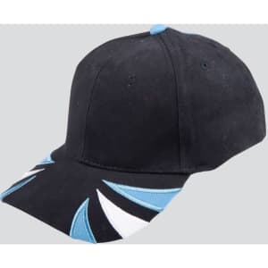 A black cap with tri-colour design featuring blue and white accents, and a logo on the front.