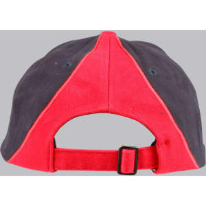 A tri-colour cap featuring red and navy panels, with an adjustable strap at the back and a logo.