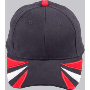 A tri-colour cap with a black base and red, white, and blue design elements, featuring a logo on the front.