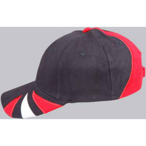 A tri-colour cap featuring black, red, and white panels with a logo. Designed for casual headwear.