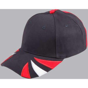 A tri-colour cap featuring navy, red, and white panels, with a logo on the front and a curved brim.