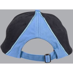 A tri-colour cap featuring black and light blue panels, with an adjustable strap at the back and a logo present.