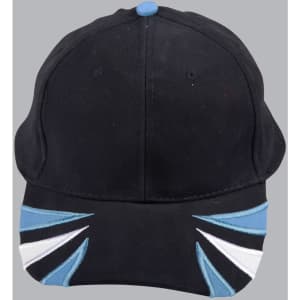 A tri-colour cap featuring black, white, and blue design elements, with an attached logo.