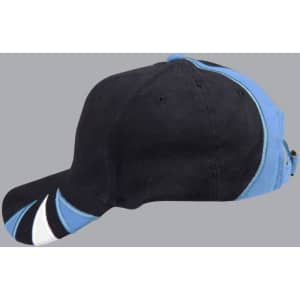 A tri-colour cap featuring black, blue, and white detailing, designed with a logo on the side.