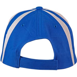 A blue baseball cap with white contrast stripes at the back, featuring an adjustable strap and a logo.