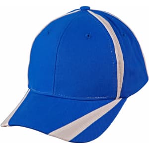 A blue brushed cotton twill baseball cap featuring white contrast stripes and a logo. Suitable for casual wear.