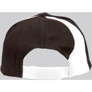 A black baseball cap with a white stripe and an adjustable strap at the back. It has a logo on the side.