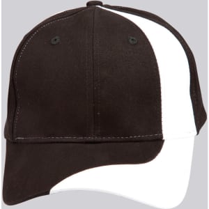 A black and white baseball cap featuring a curved design and a logo on the front.