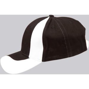 A black and white baseball cap with a logo, featuring a striped design and a curved brim.