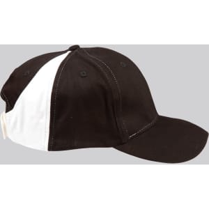 A black and white baseball cap with a sleek design and a visible logo.