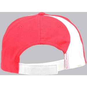 A red and white baseball cap with an adjustable strap and a logo on the back.