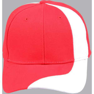 A red baseball cap with a white stripe, featuring a logo on the front.