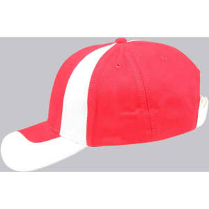 A red and white baseball cap with a logo, featuring a curved peak and a stylish design.