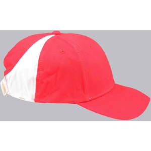 A red and white baseball cap with a curved brim and an adjustable strap at the back. It features a logo.