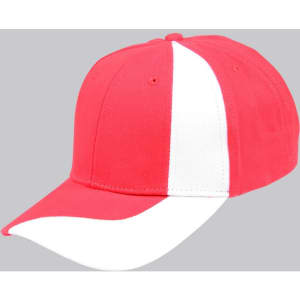 A red baseball cap with a white stripe, featuring a curved brim and a logo on the front.