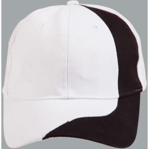 A baseball cap with a white and black stripe design. The cap features a branded logo on the front.