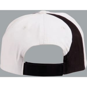 A white baseball cap featuring a black stripe on the back and an adjustable strap, with a logo on the side.