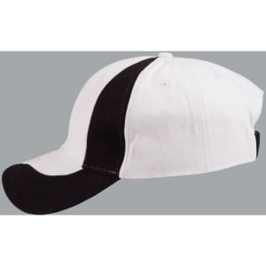 A baseball cap with a white crown and black peak, featuring a side stripe and a logo.