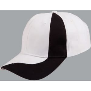 A baseball cap featuring a white and black design, with a logo on the front.