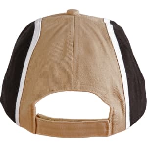 A tri-colour baseball cap featuring black, tan, and white panels with an adjustable strap at the back.