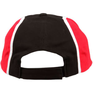 A tri-colour baseball cap featuring black, red, and white panels, with an adjustable strap at the back and a logo.