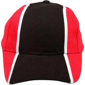 A tri-colour baseball cap featuring black, red, and white panels, with a logo on the front.