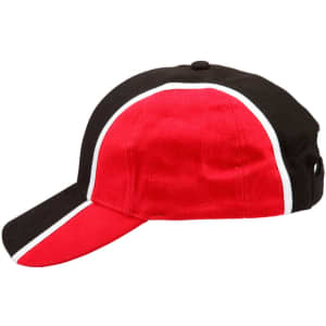 A tri-colour baseball cap featuring black and red panels with white accents, and includes a logo.