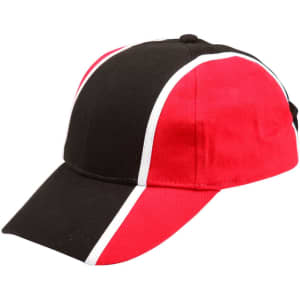 A tri-colour baseball cap featuring black, red, and white panels. Includes a logo on the front.