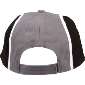 A tri-colour baseball cap featuring grey, black, and white panels, with an adjustable strap at the back and a logo.