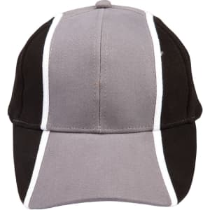 A tri-colour baseball cap featuring grey, black, and white panels, with a logo on the front.
