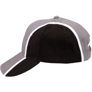 A tri-colour baseball cap featuring grey and black panels with white trim and an adjustable back. Includes a logo.