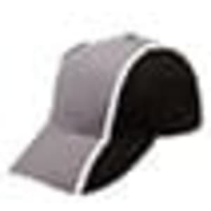 A tri-colour baseball cap featuring grey, black, and white shades with a logo.